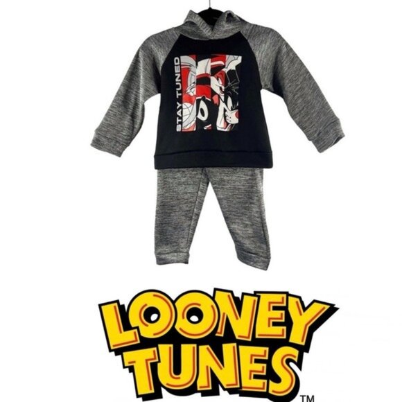 Space Jam New Kids Looney Tunes Stay Tuned 2 Piece Hoodie Set Size 4T Grey/Black - Picture 1 of 8